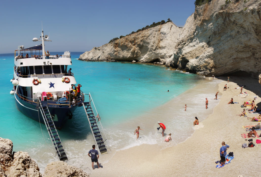 Port on Greek Island with tourists
