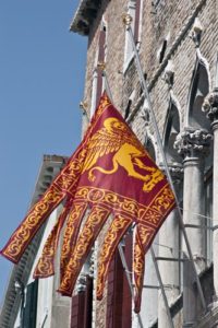 Italy, Venice, Albergo del Sole, Riva Malcanton, flag of lion of St Mark