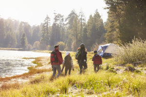 Family on a camping trip walking near a lake, back view