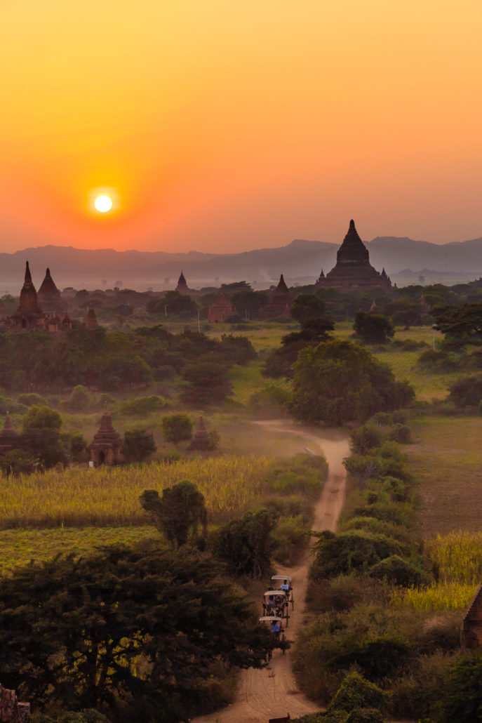 Horse cart and Sunset and Pagoda, Bagan in Myanman