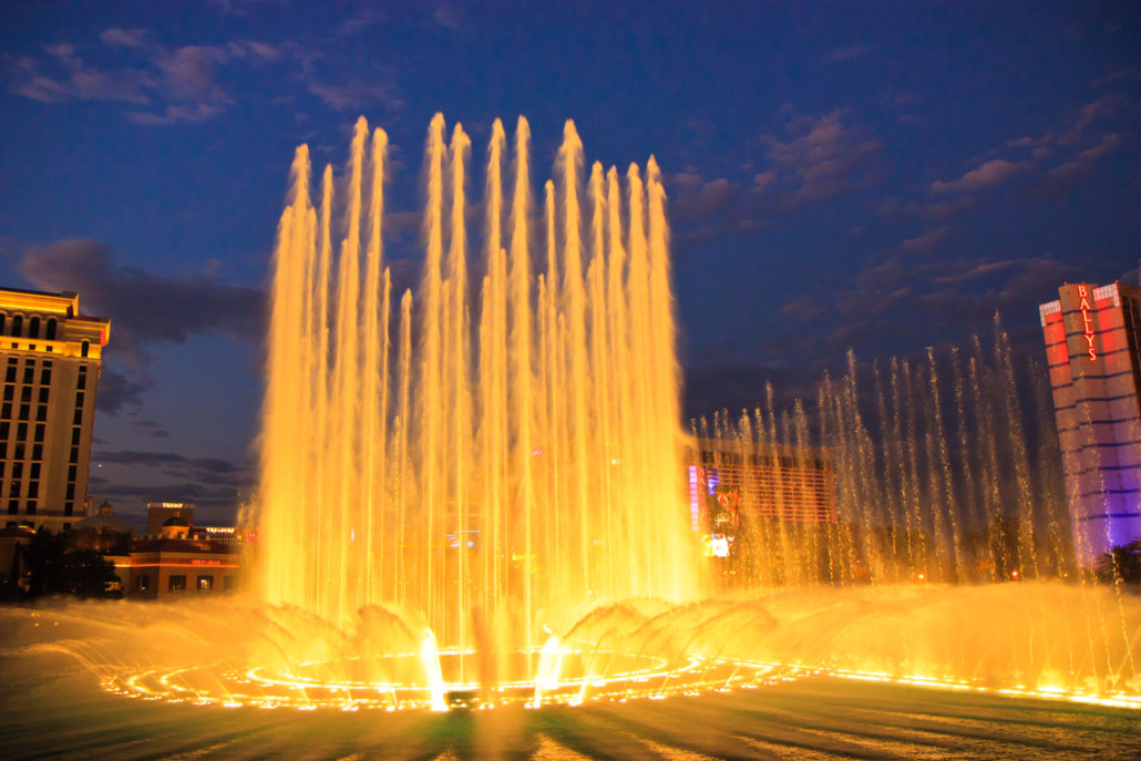music fountain in front of Bellagio hotel and casino at Las Vegas, Nevada USA.