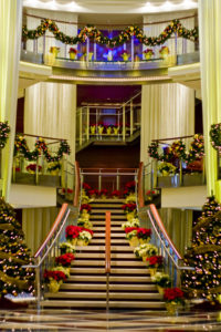 Christmas decorated lobby on Cruise Ship