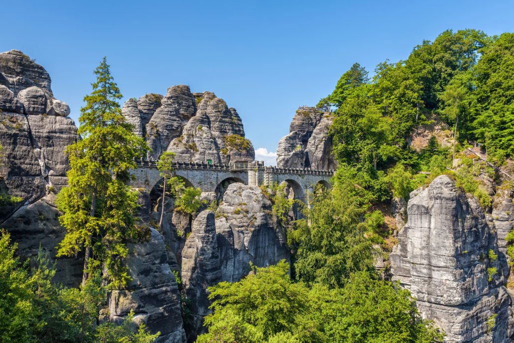 View of the rock formations and stone bridge - Bastei, Germany