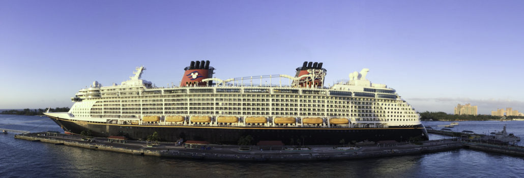 Disney Cruise Ship with Atlantis in the background