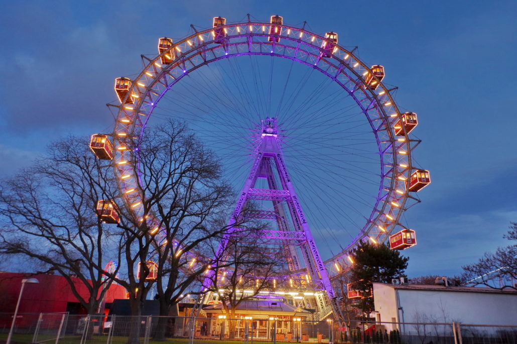 Ferris wheel in Prater, at night - landmark attraction in Vienna, Austria