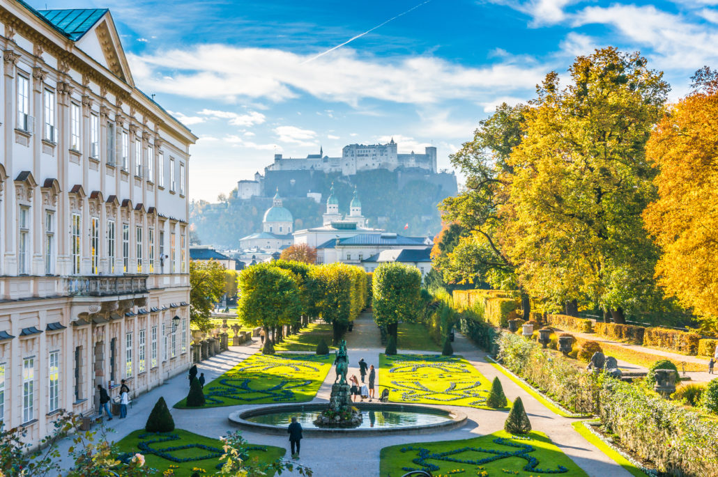 Mirabell Gardens with historic Fortress in Salzburg, Austria