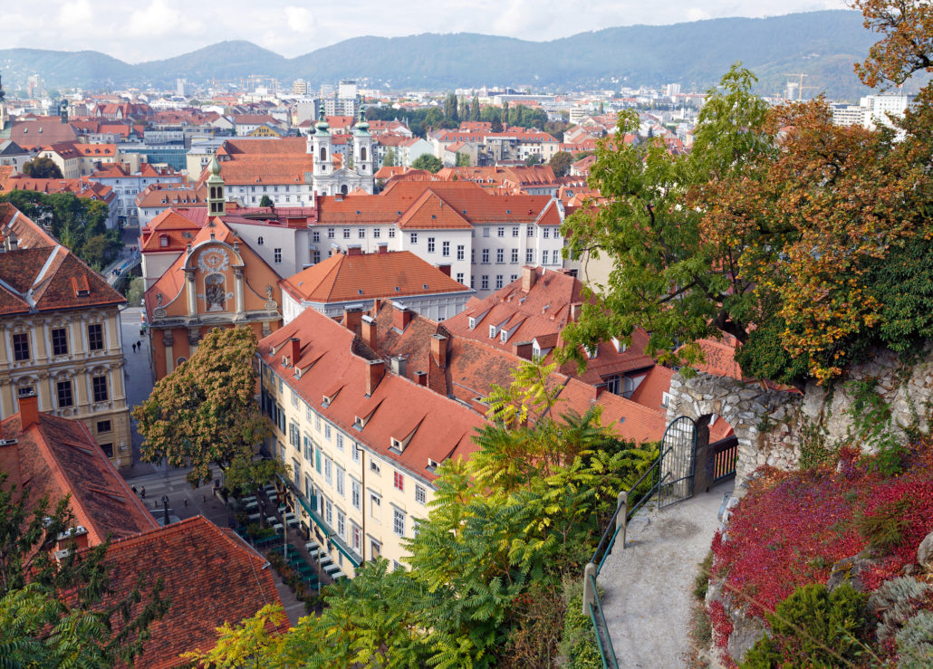 View of the old town center of Graz from the staircase of Schlossberg Hill. Graz, Austria.
