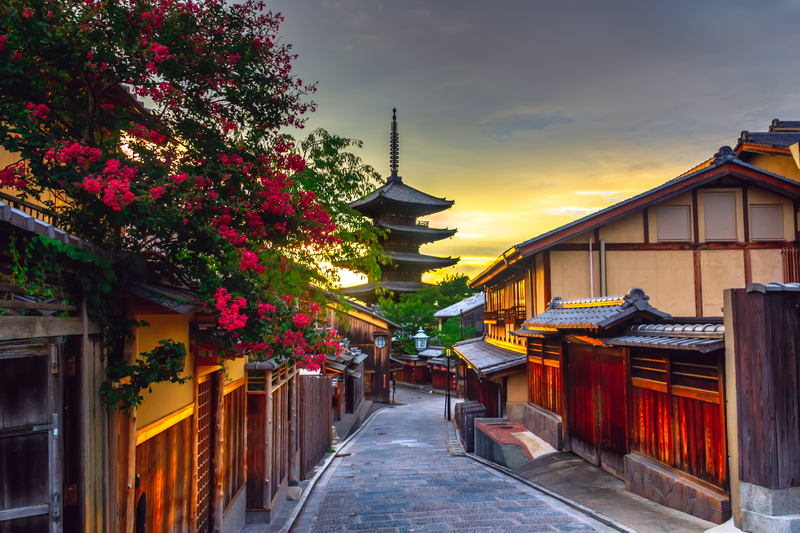 Yasaka Pagoda and Sannen Zaka Street at sunset, Kyoto, Japan