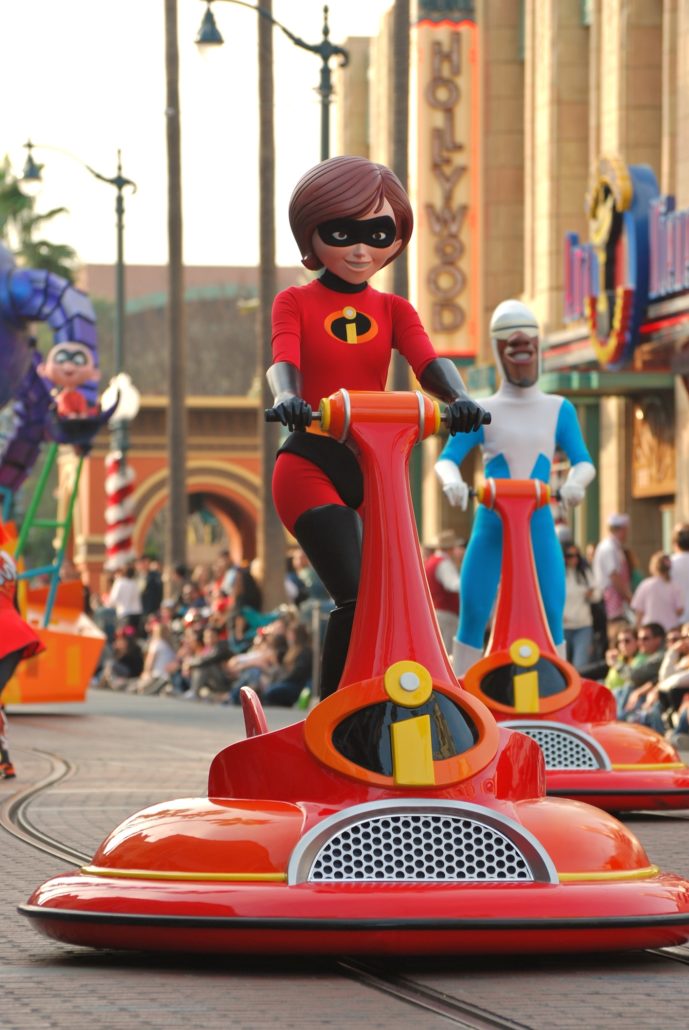 Elastigirl Parr from the Incredibles Pixar movie in a parade at California Adventures at Disneyland
