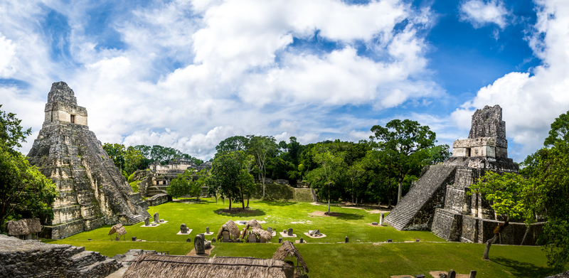 Mayan Temples of Gran Plaza or Plaza Mayor at Tikal National Par. 